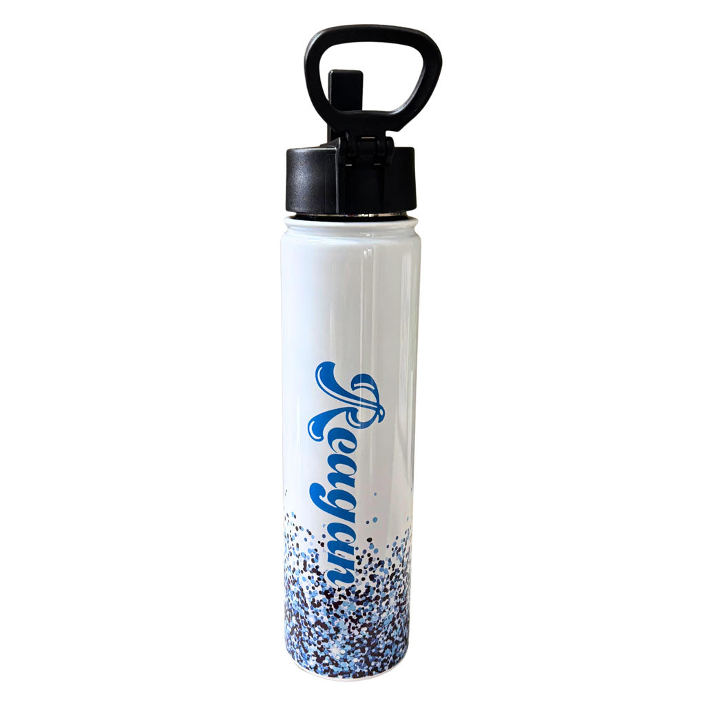 White water bottle with personalized name and black cap on a Seneca Valley themed bottle.