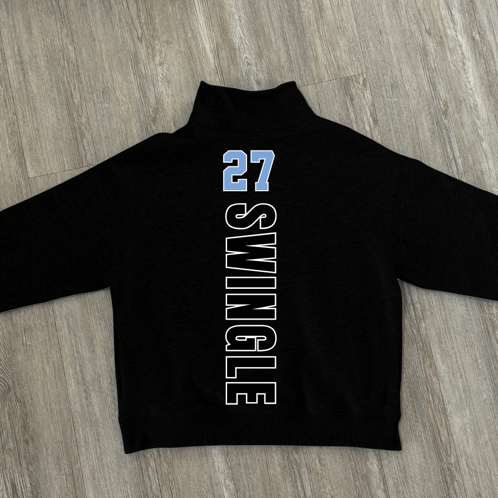 A black long-sleeve mock neck sweatshirt, featuring your player's number in light blue and last name in white outlined letters printed vertically on the back.