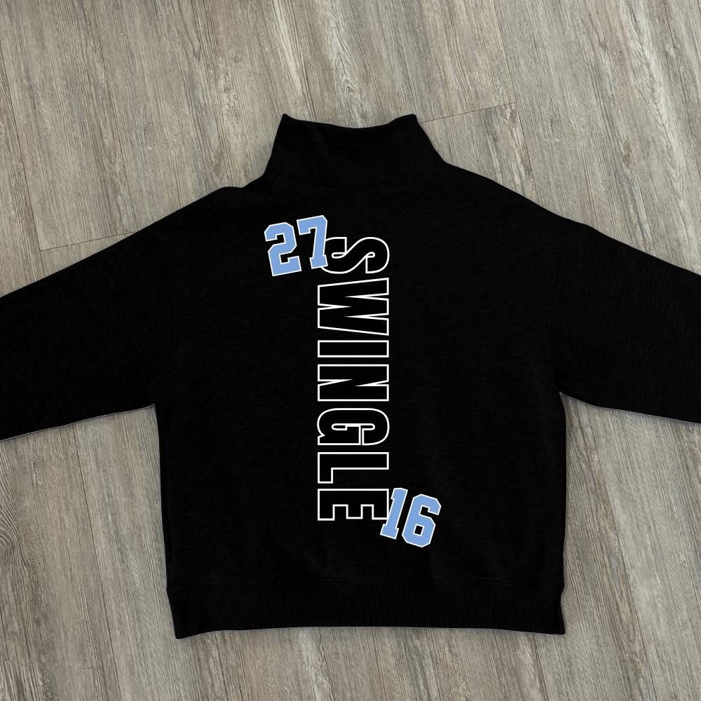 A black long-sleeve mock neck sweatshirt laid flat, featuring a last name printed vertically in white outline letters with custom player numbers in light blue at the top and bottom.