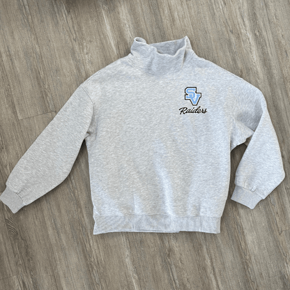 A light heather gray long-sleeve mock neck sweatshirt with a SV logo on the left chest above the word 'Raiders' in black script.