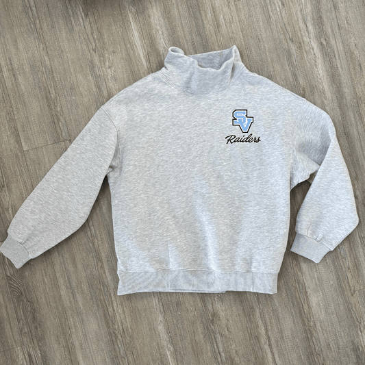 A light heather gray long-sleeve mock neck sweatshirt with a SV logo on the left chest above the word 'Raiders' in black script.