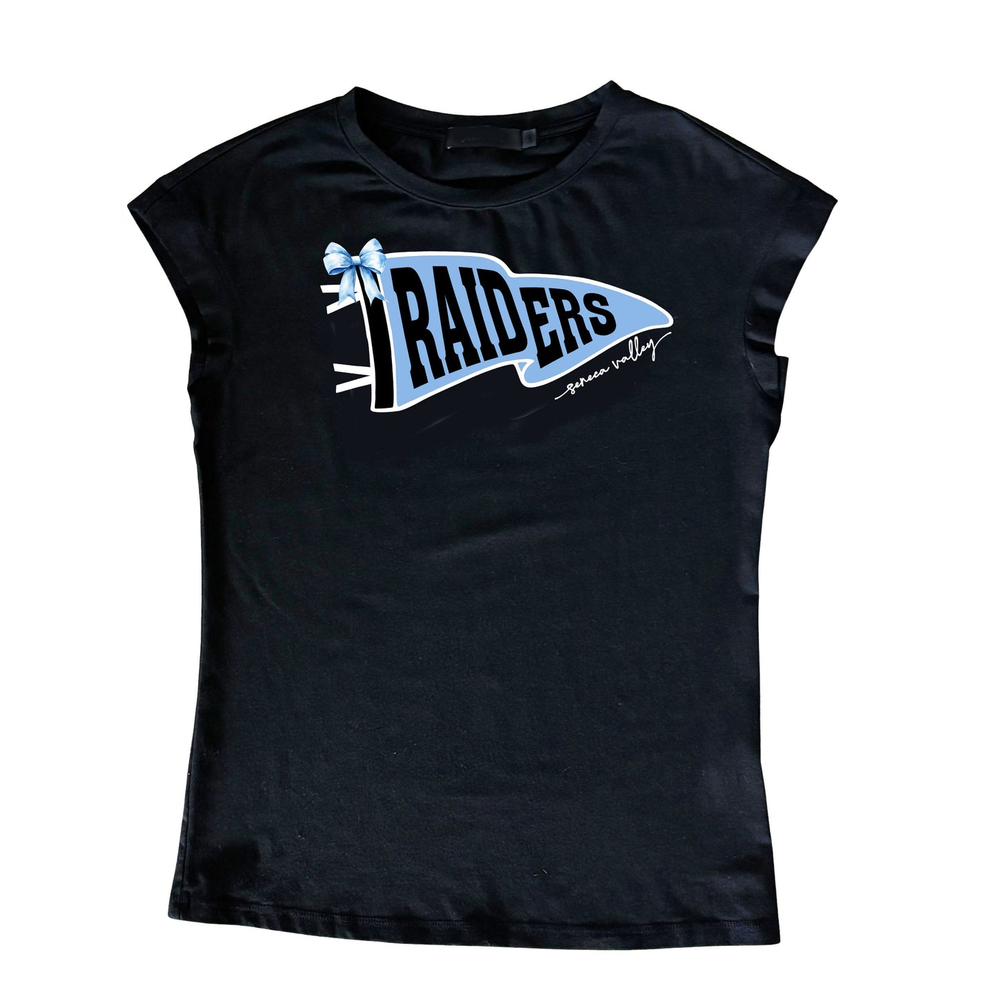 Ladies black cap sleeve shirt featuring Raiders pennant across the chest.