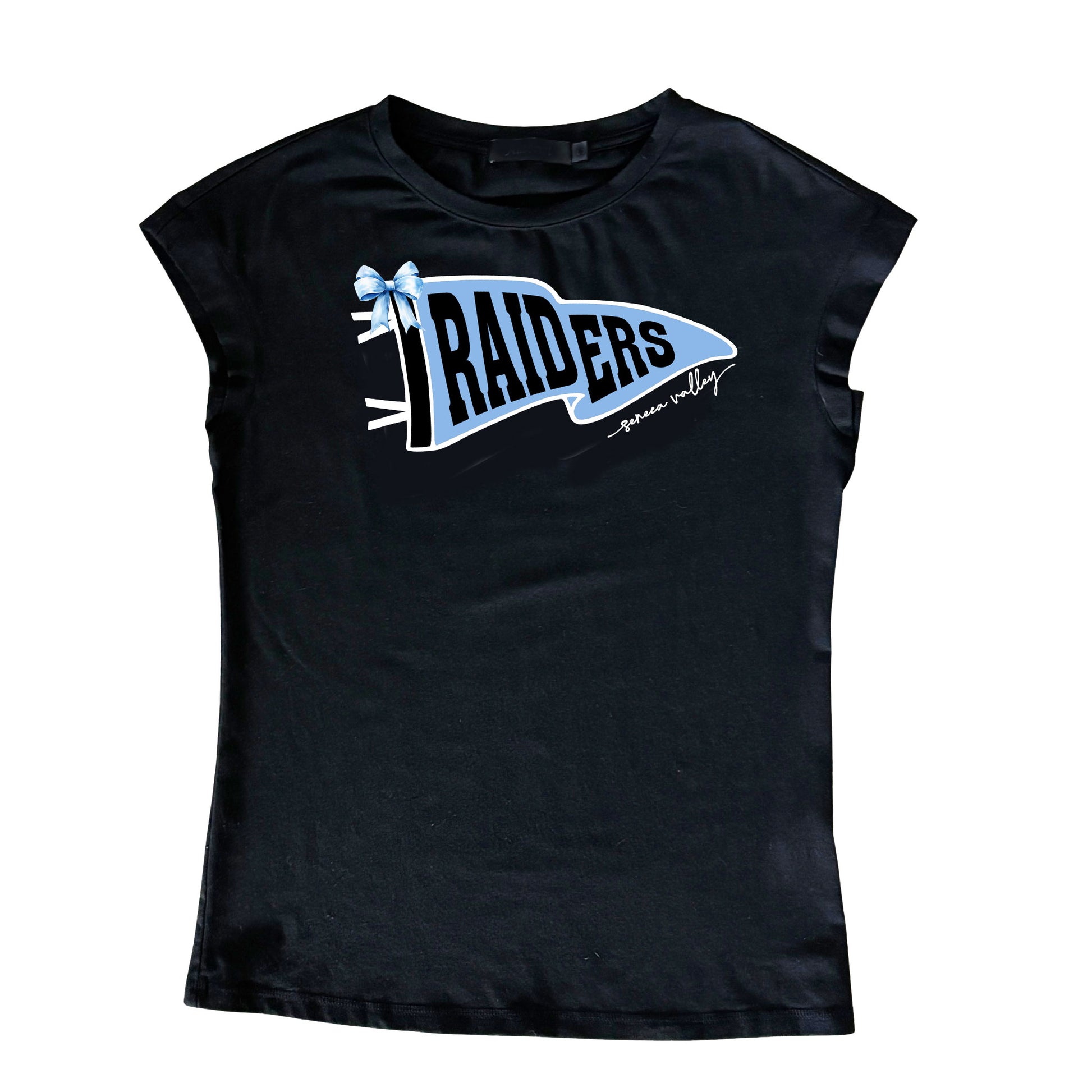 Ladies black cap sleeve shirt featuring Raiders pennant across the chest.