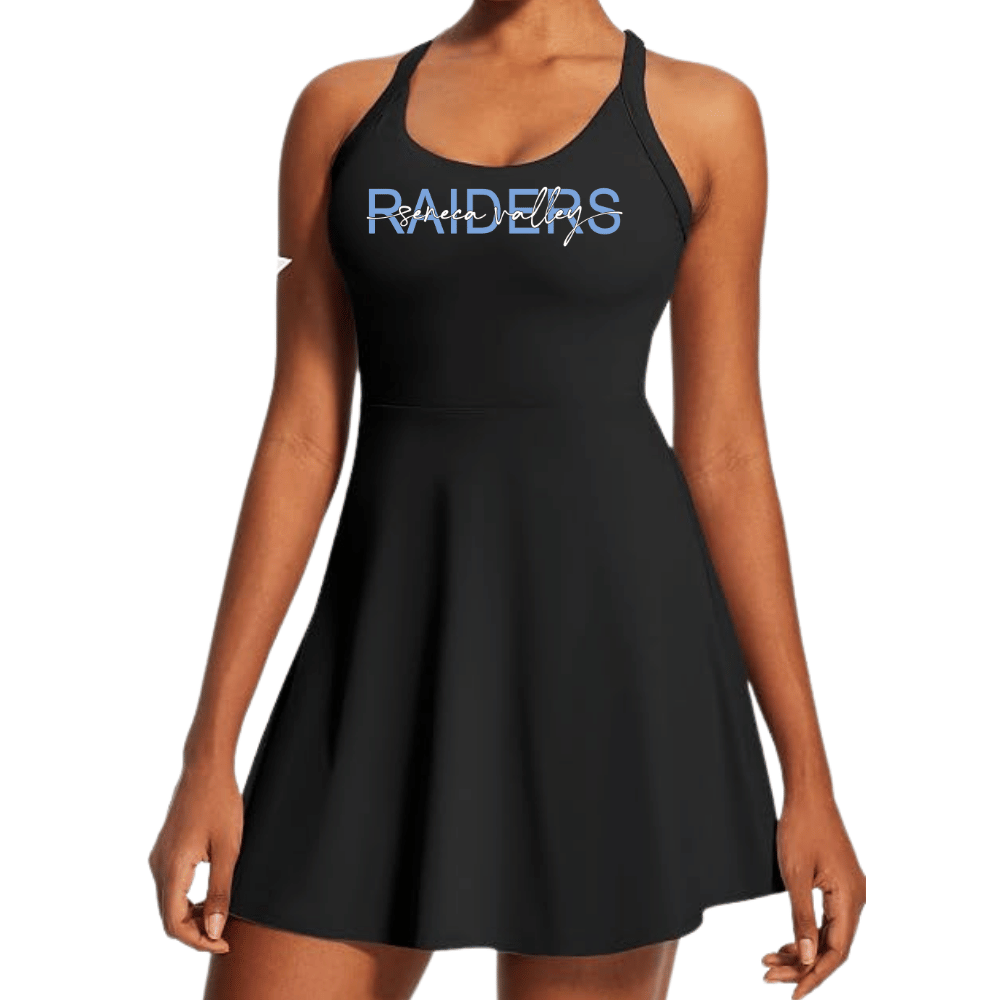 A black sleeveless racerback dress with 'RAIDERS' printed across the chest in blue and white lettering.