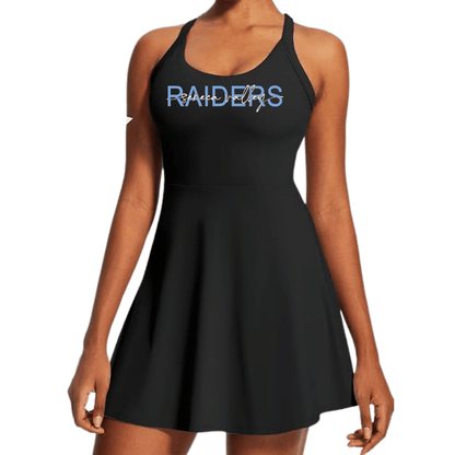 A black sleeveless racerback dress with 'RAIDERS' printed across the chest in blue and white lettering.