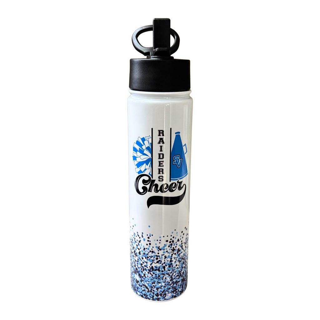 White water bottle with blue glittery bottom and 'Raider Cheer' text on a white background