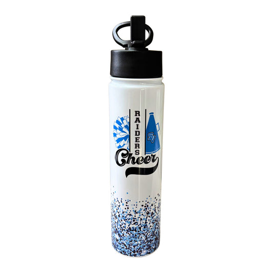 White water bottle with blue glittery bottom and 'Raider Cheer' text on a white background